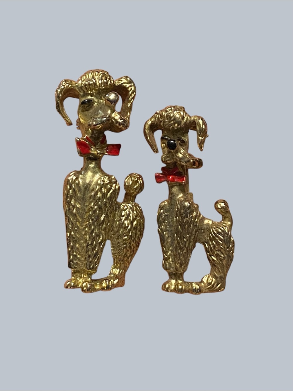 Vintage Gold-tone Poodle Pin Brooch Pair with Red Bows